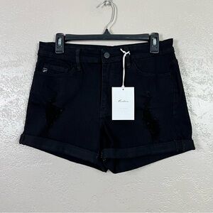 Kancan Womens Jean Shorts 11/ 29 High Rise Distressed Cuffed Stretch Denim Black